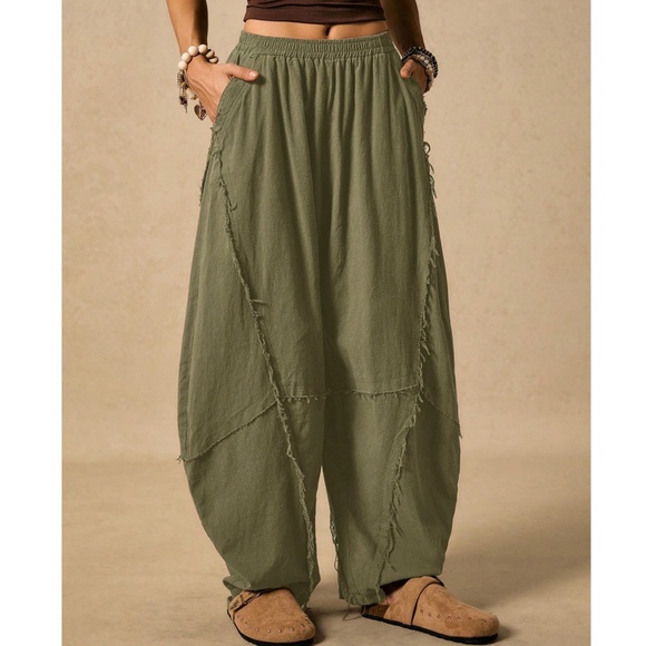 Boho Solid Stretchy waist Pockets Frayed Detail Harem Pants - Picture 7 of 10